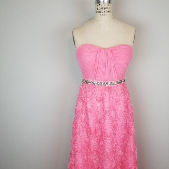 Gorgeous Ruffled Floral Coral Pink Formal Maxi Length Dress with Rhinestone Belt - Picture 1 of 12